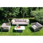 Касабланка диван 3-местный плетеный из роупа, каркас алюминий белый муар, роуп бежевый 20мм, ткань бежевая 052 KAS-S-3-001 W Mua beige(beige052)
