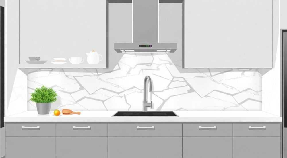 Бело серая кухня в интерьере какой фартук