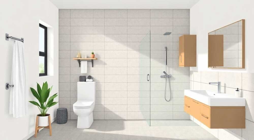 Бюджетный интерьер ванной комнаты с душевой кабиной