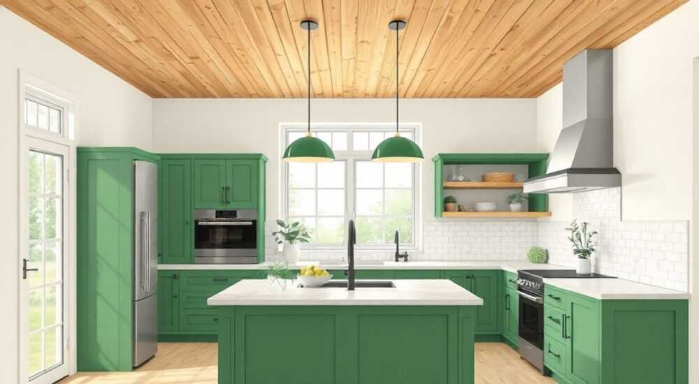 Фото зеленой кухни ремонт какие обои березовый потолок
