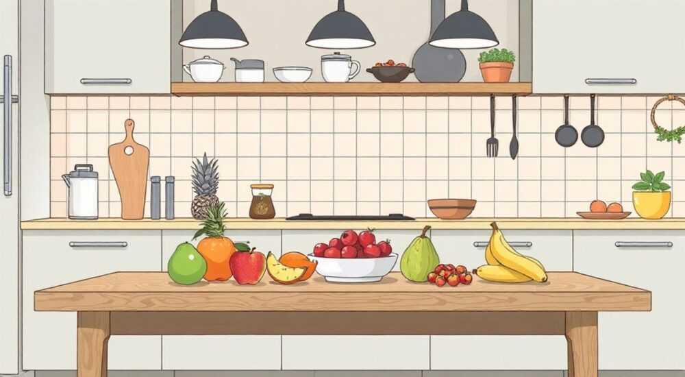 Как нарисовать овощи и фрукты на кухонном столе