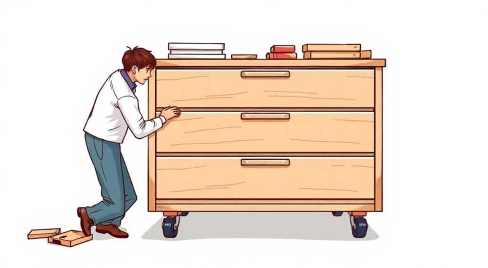 Как починить комод с выдвижными ящиками на роликовых направляющих и выпадает нижняя часть