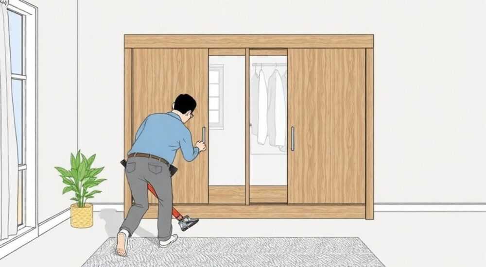 Как установить нижнюю рельсу на шкаф купе