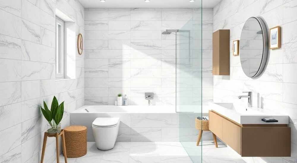 Керамогранит 1200х600 в интерьере маленькой ванной комнаты