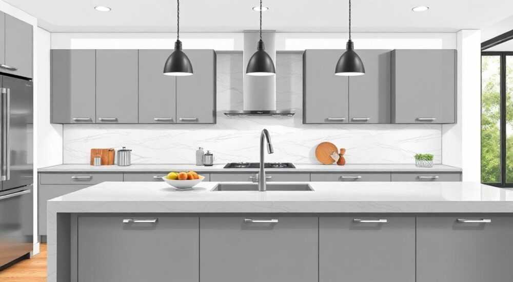 Серая столешница в интерьере кухни какой фартук