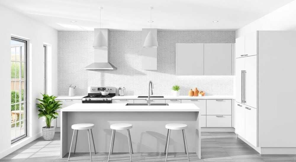 Серо белая кухня в интерьере какие обои
