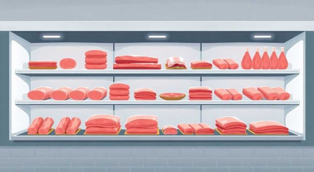 Где должно храниться мороженое мясо на стеллажах