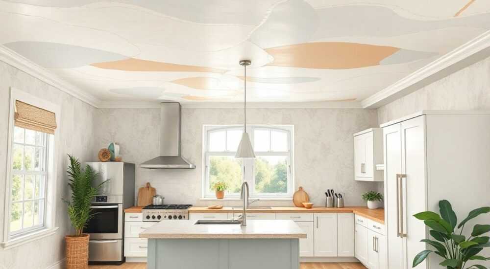 Чем покрасить потолок на кухне на обои