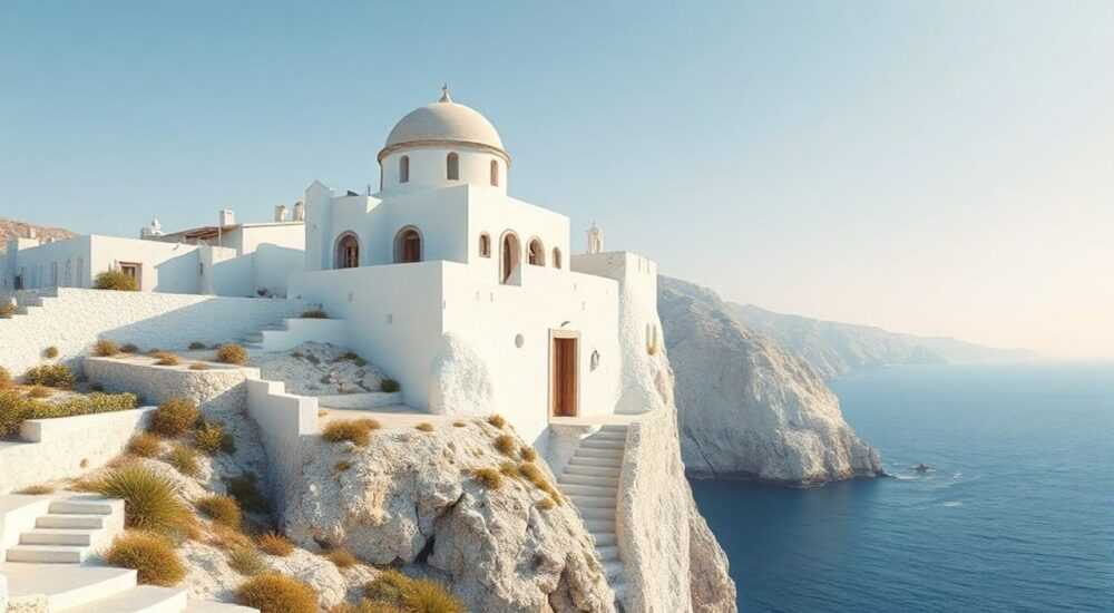 Греческая белая архитектура на скалах