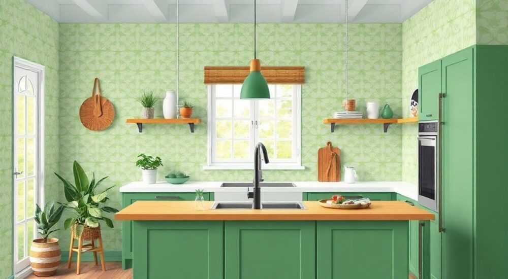 Какие обои с зеленой кухней