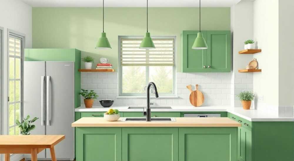 Какие обои сочетаются с зеленой кухней фото
