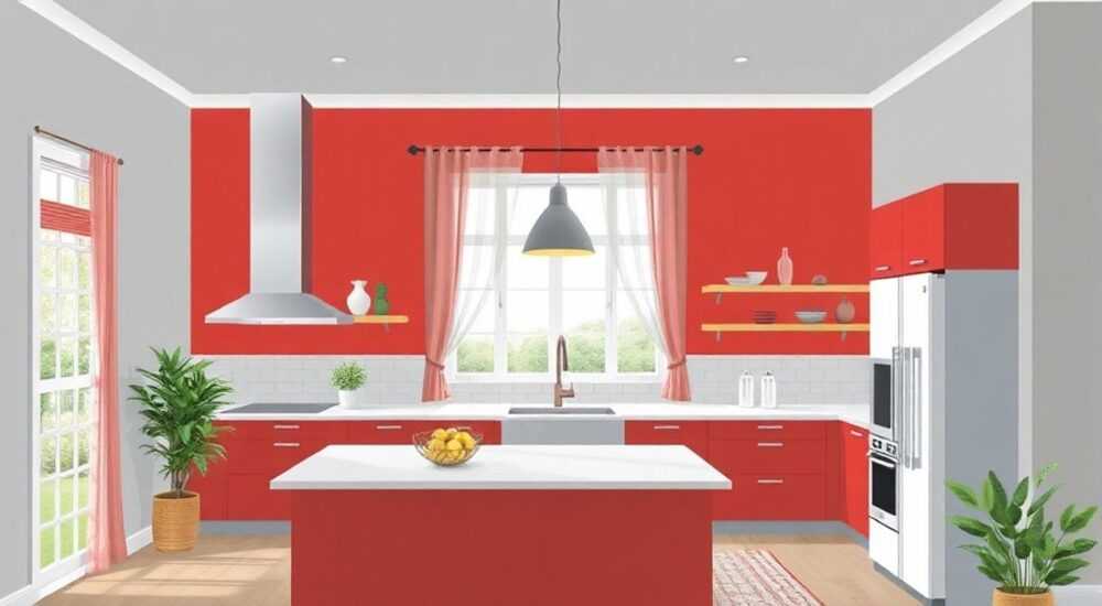 Красная кухня серые обои какие подойдут шторы