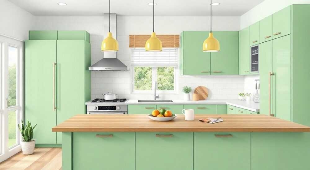 Обои к фисташковой кухне фото какие подойдут