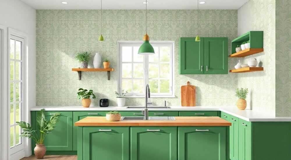 Обои которые сочетаются с зеленой кухней