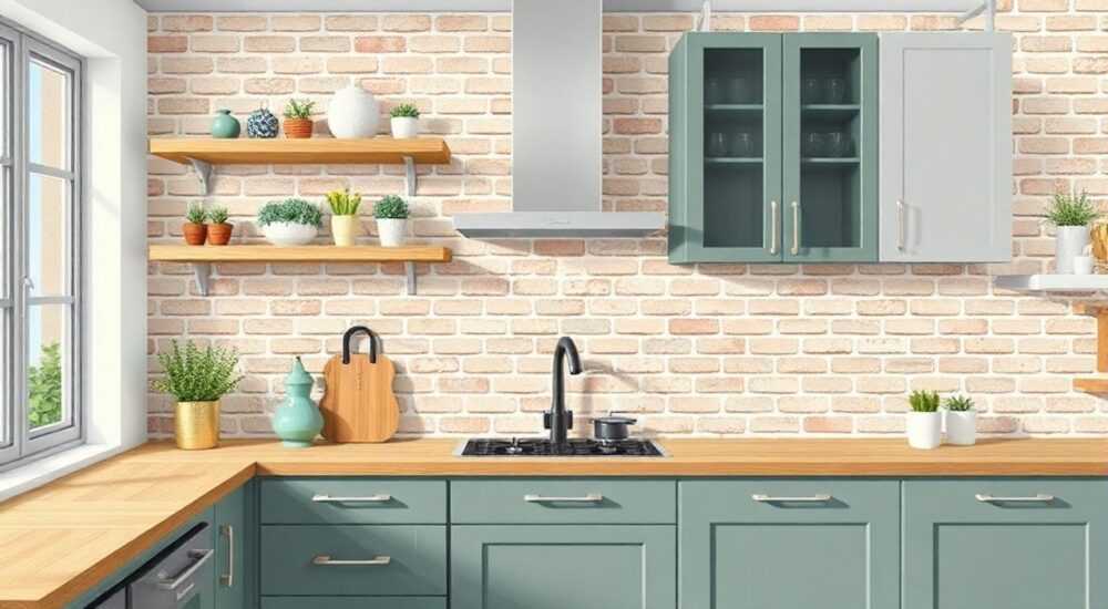 Обои под кирпич на кухне с чем комбинировать фото
