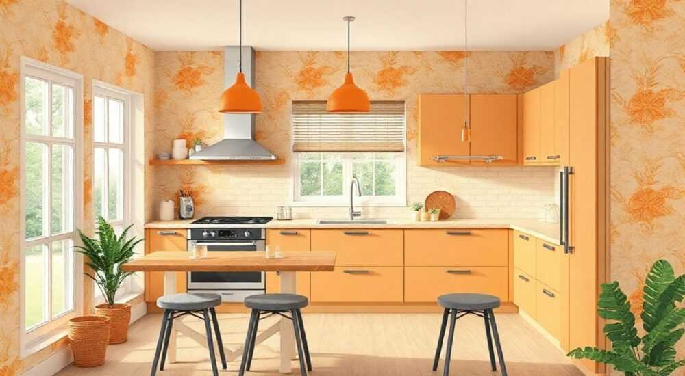 Оранжевые обои для кухни с чем сочетать