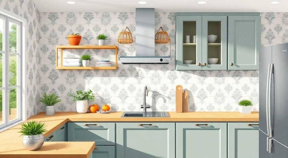 Пестрые обои на кухне какой гарнитур