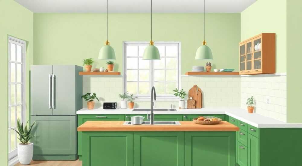 Зеленая кухня какие обои