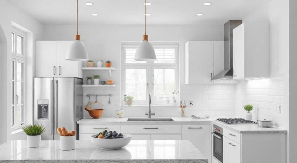 Кухня белая с серым в интерьере