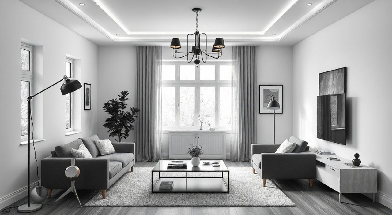 10 Приёмов освещения гостиной 12 м² в оттенке контрастный чёрно-белый