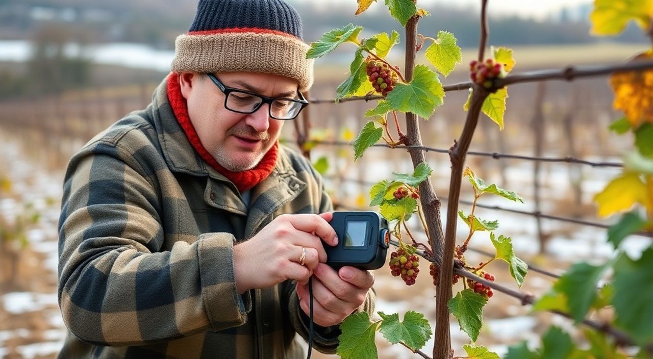 График работ обломке пасынков крыжовника в винограднике днём в январе