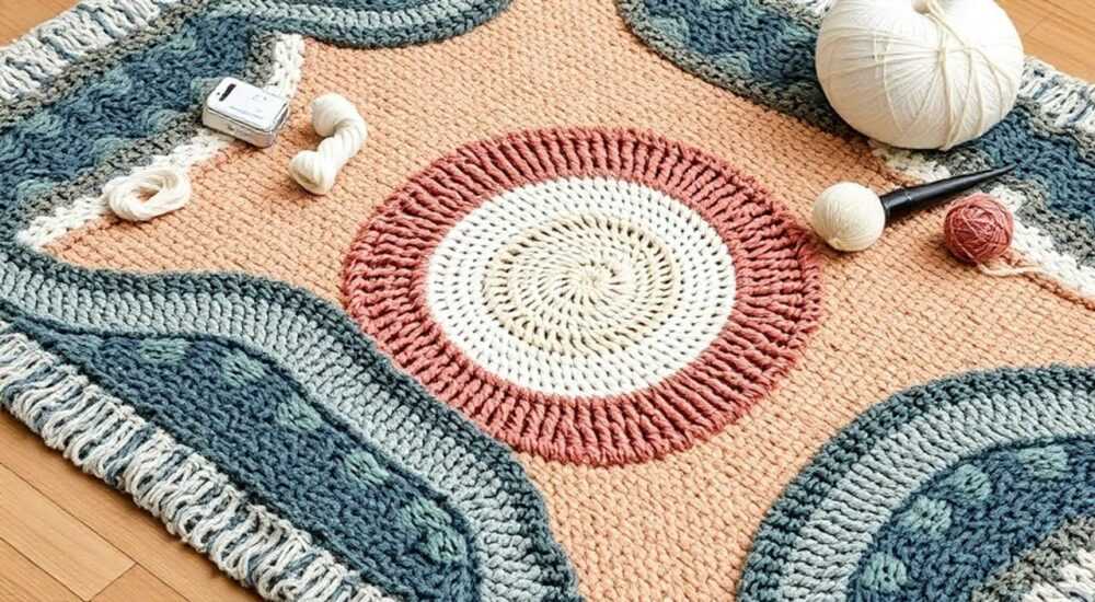 Коврик из ниток на сетке своими руками