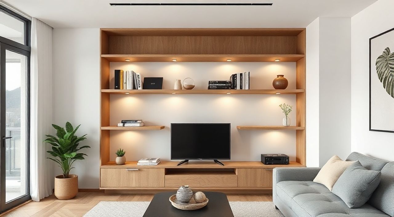 ТОП-5 идей встроенные полки в стиле корейский neomodern для гостиной 11 м²